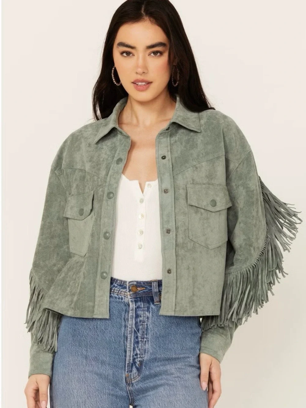 BLANKNYG - Free People - Fringe Jacket - Faux Suede - women’s sz L - Sage Green - Picture 1 of 11
